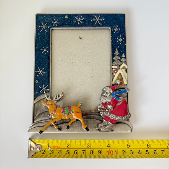 3D Enameled Metal Christmas Photo Frame 3x4.5 Santa Reindeer Snow - Picture 4 of 7